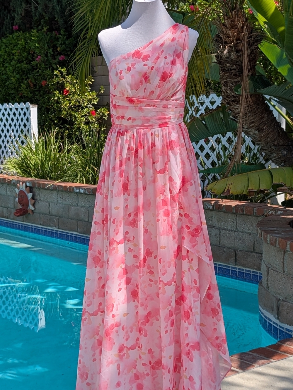 Pink Floral One-Shoulder Evening Gown